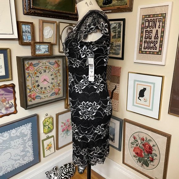 NWT Onyx Nite Black and White Stretch Lace Sleeveless Cocktail Dress Size 10 - Picture 3 of 9